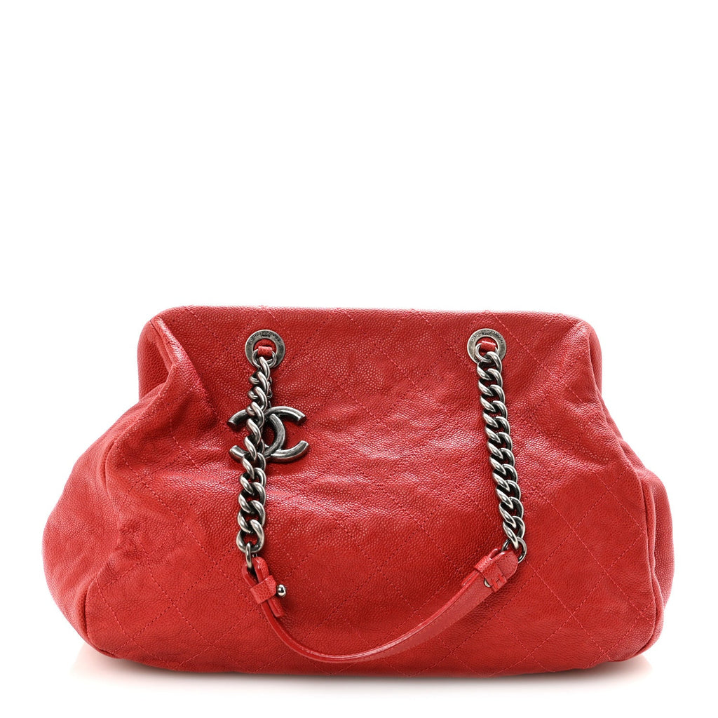 Chanel Caviar Quilted Frame CC Shopping Tote Red
