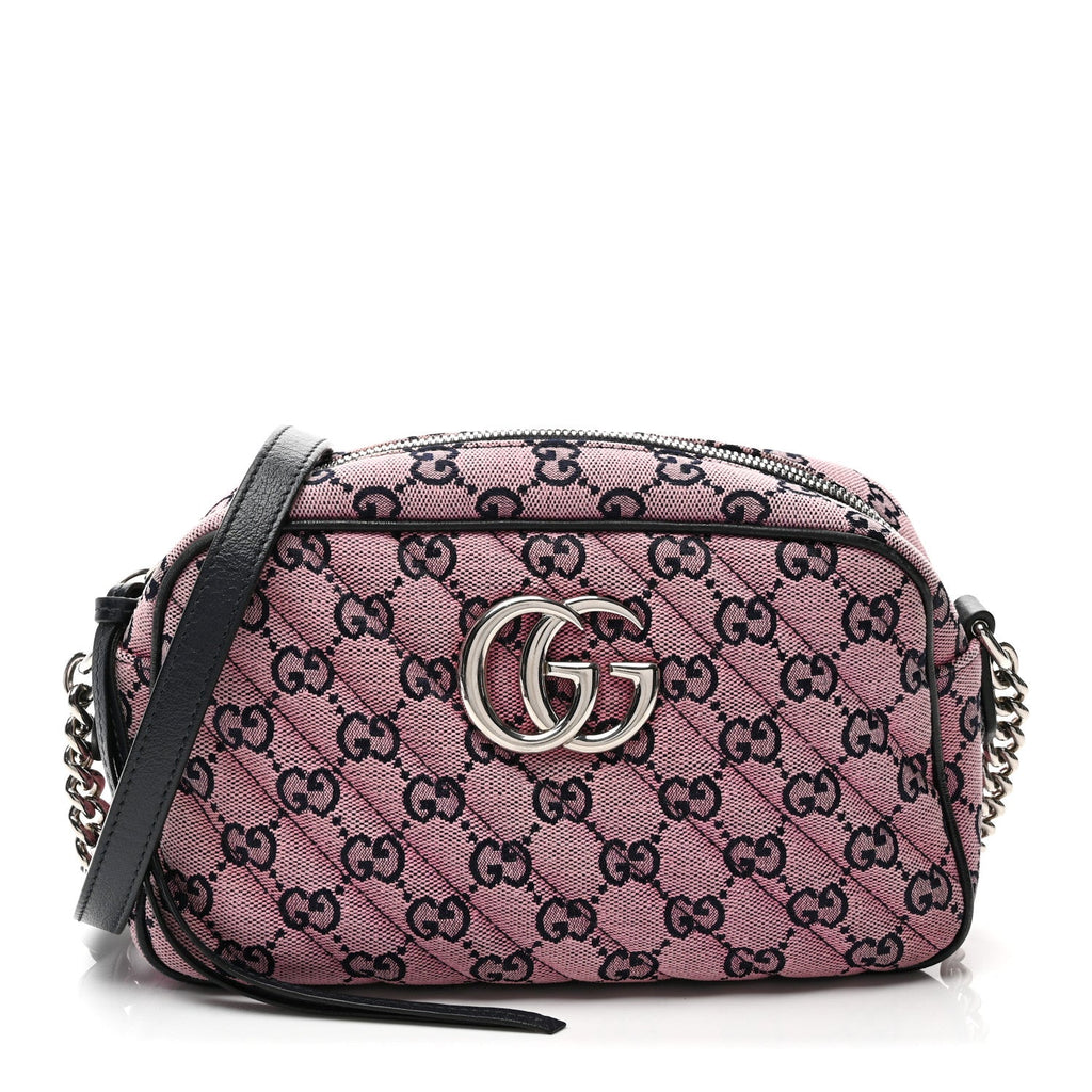 Gucci Monogram Multicolor Matelasse Diagonal Small GG Marmont Chain Shoulder Bag Pink Blue