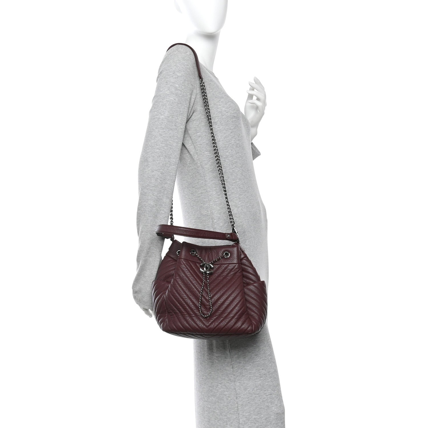 Chanel Deerskin Chevron Medium CC Chain Bucket Drawstring Bag Burgundy