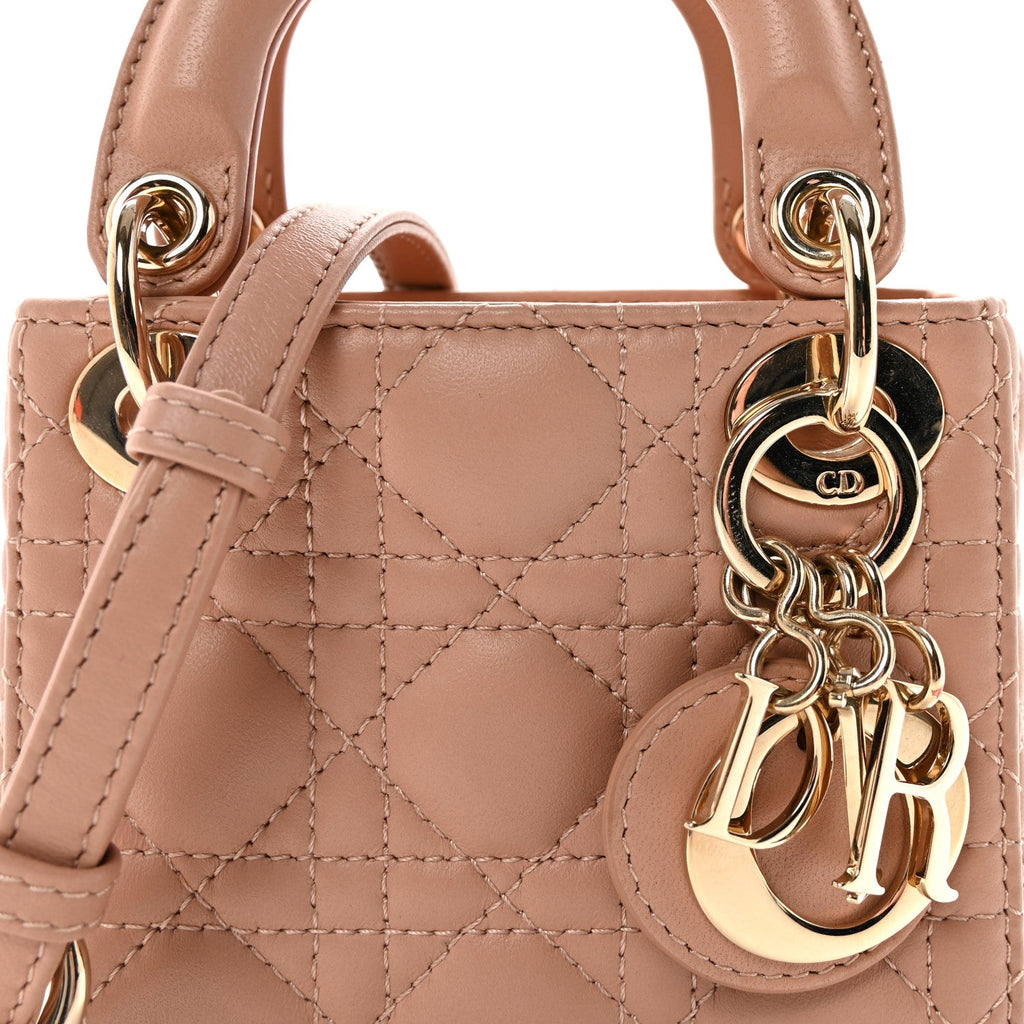 Christian Dior Lambskin Cannage Micro Lady Dior Rose Des Vents