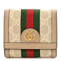 Gucci GG Supreme Monogram Textured Dollar Calfskin Web Ophidia Card Case Wallet Beige Mystic White Oatmeal