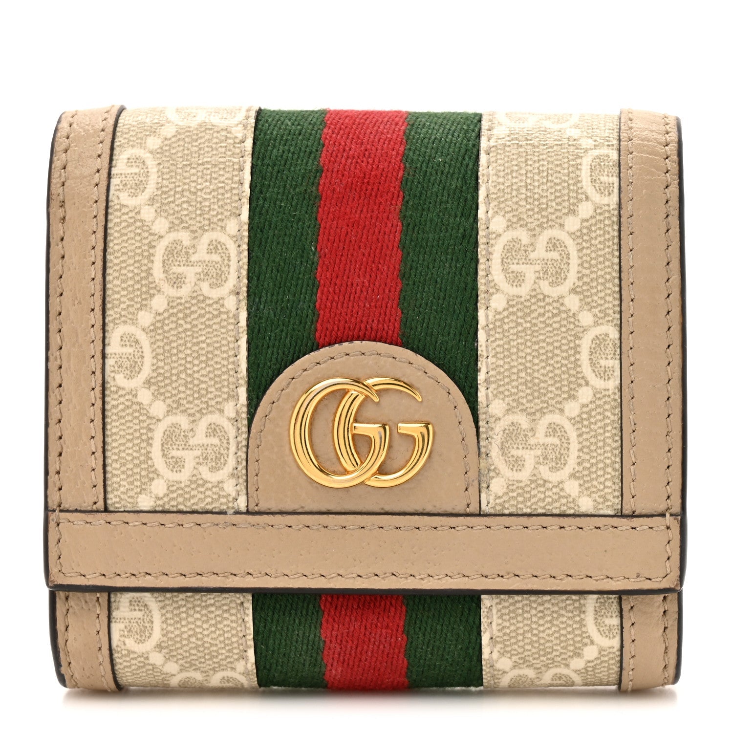 Gucci GG Supreme Monogram Textured Dollar Calfskin Web Ophidia Card Case Wallet Beige Mystic White Oatmeal