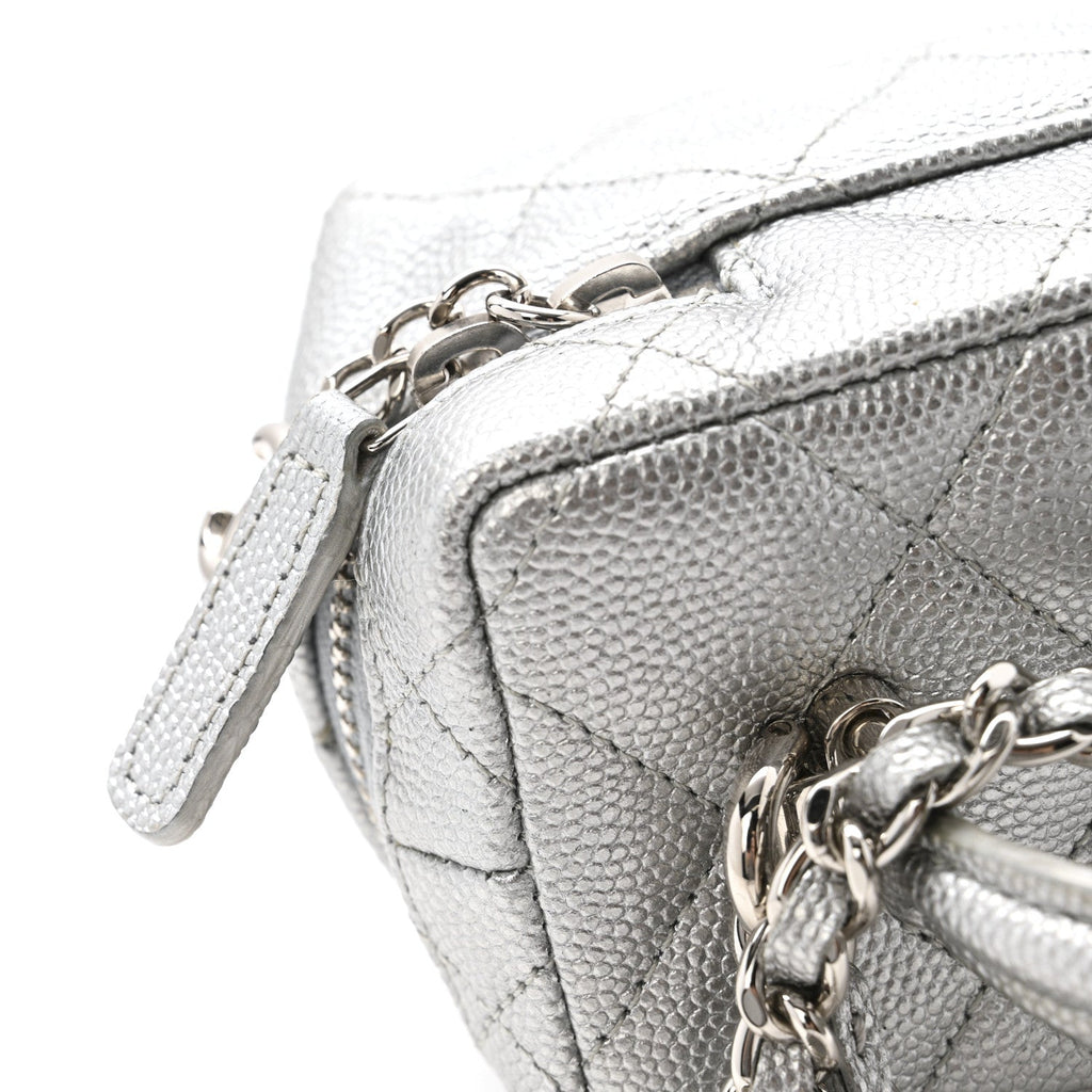 Chanel Metallic Caviar Quilted Mini Top Handle Vanity With Chain Silver
