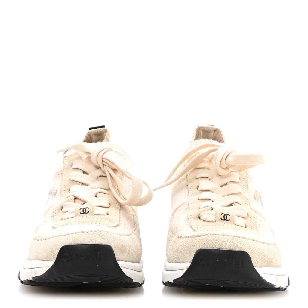Knit Fabric Suede Calfskin Womens CC Sneakers 36 Ivory