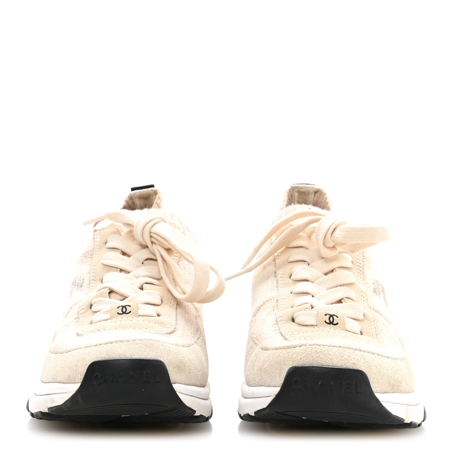 Knit Fabric Suede Calfskin Womens CC Sneakers 36 Ivory
