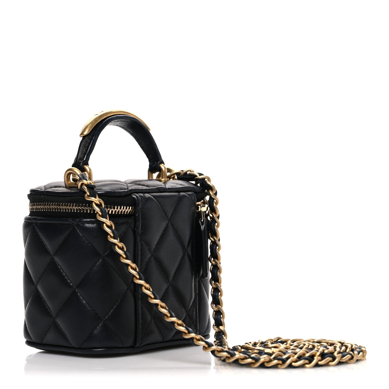 Chanel Lambskin Quilted Metal Mini Top Handle Vanity Case With Chain Black