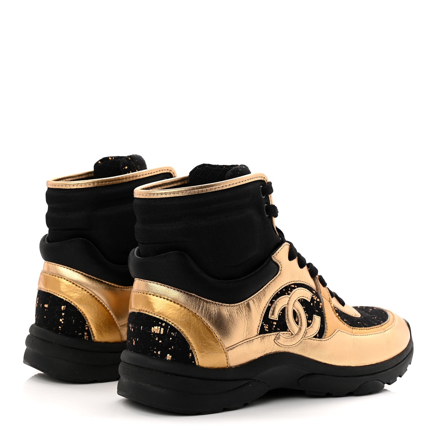 Satin Lambskin Fabric Tweed CC High Top Sneakers 39 Black Gold