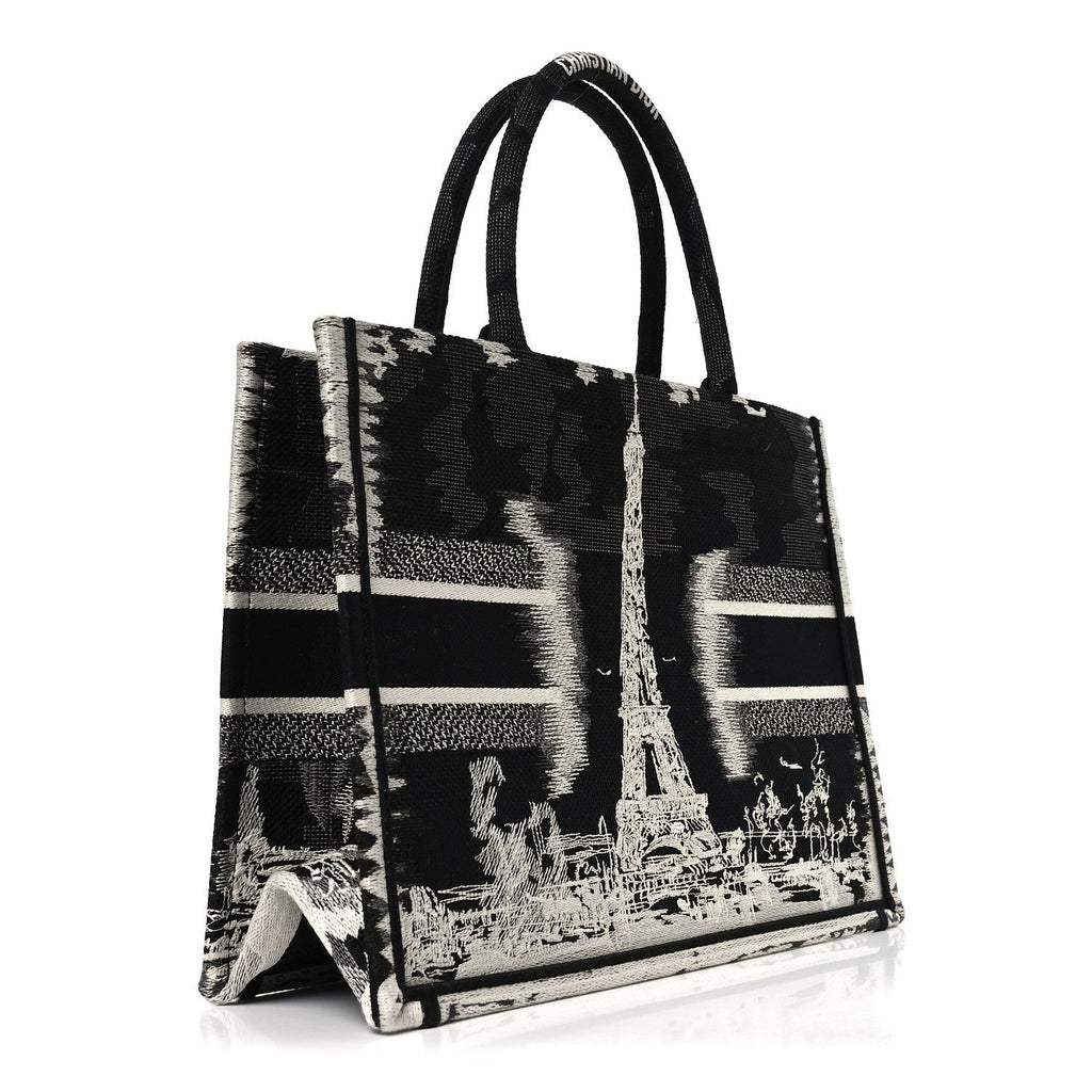 Christian Dior Canvas Embroidered Medium Paris Book Tote Black White