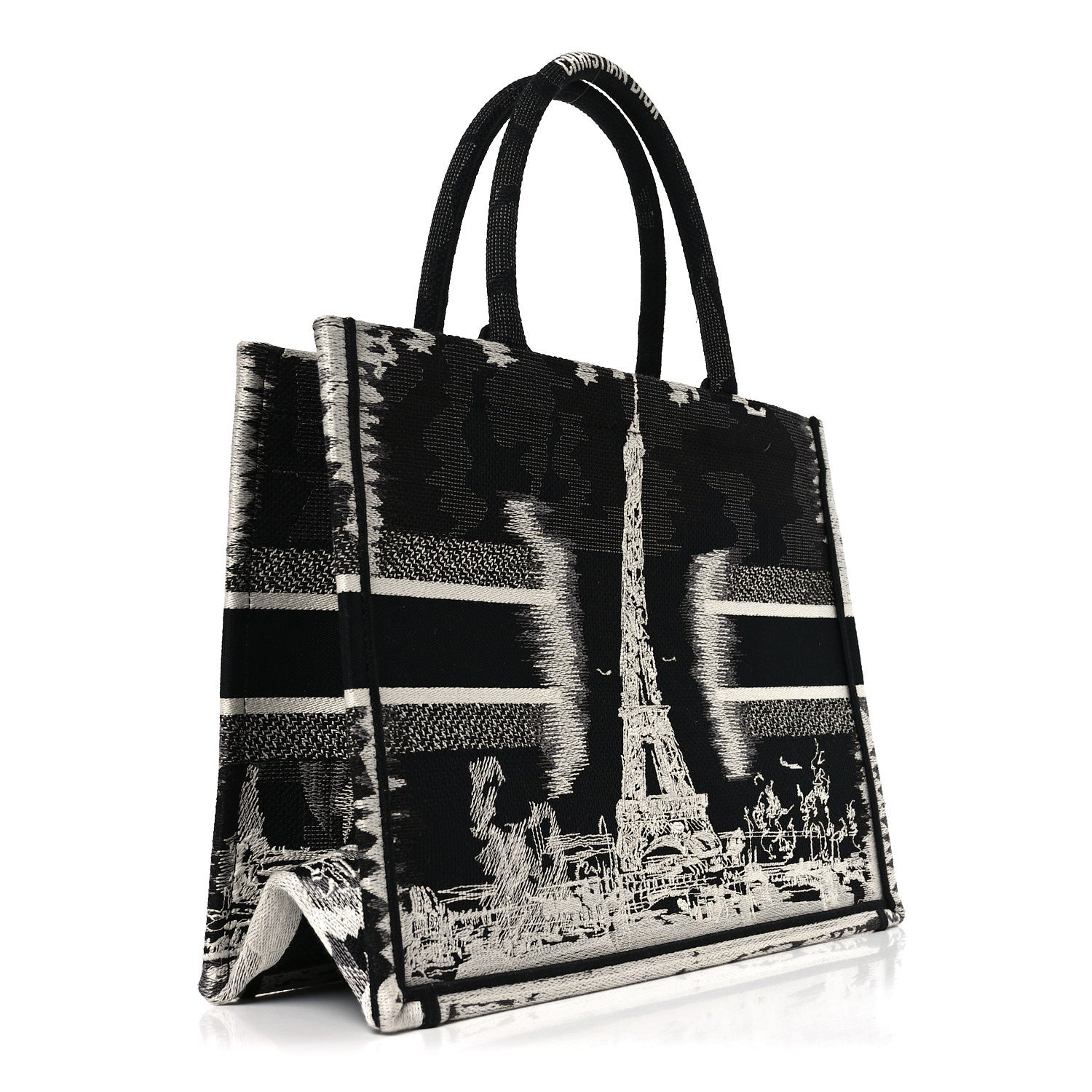 Christian Dior Canvas Embroidered Medium Paris Book Tote Black White