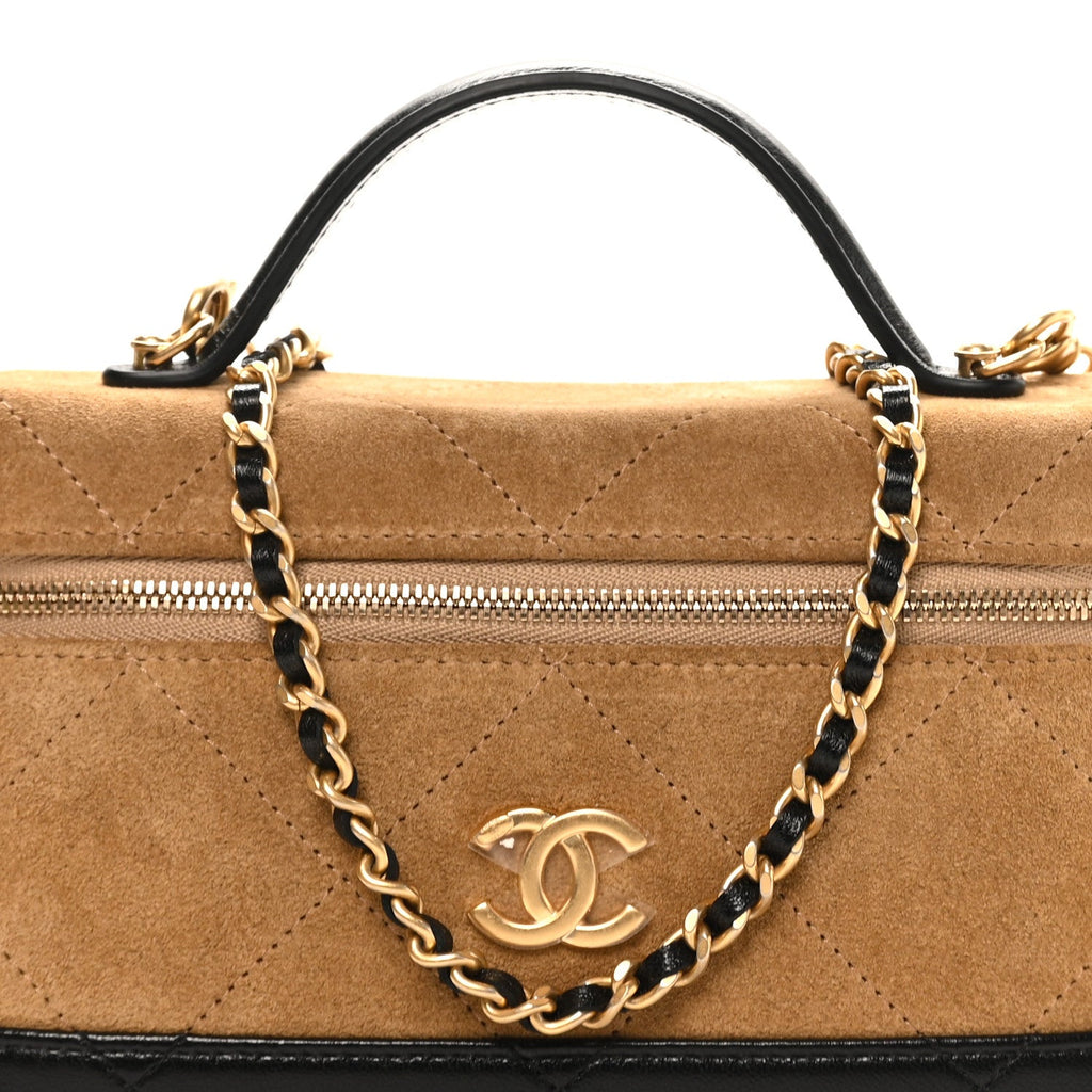 Chanel Suede Calfskin Shiny Lambskin Stitched Top Handle Slim Vanity Case With Chain Beige Black