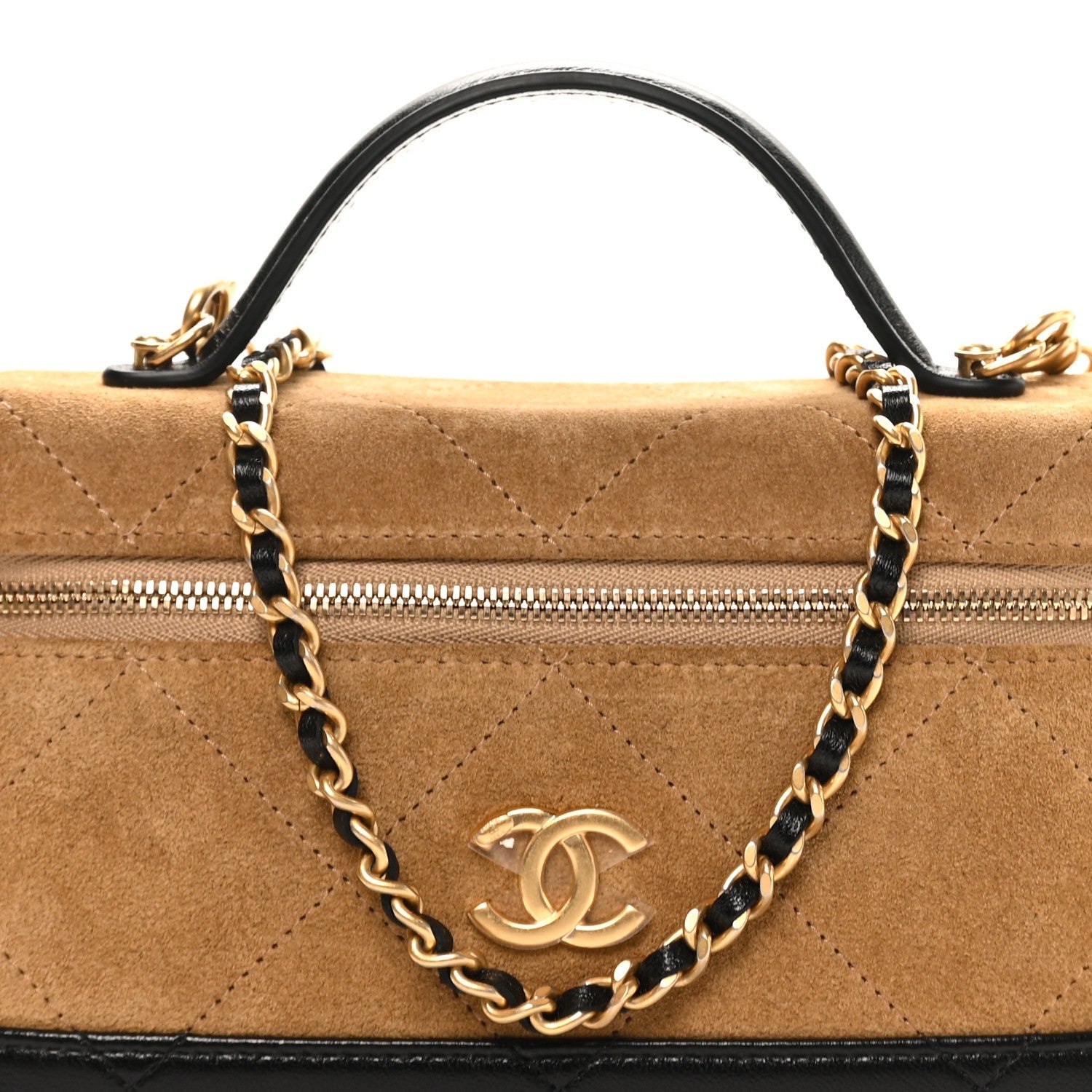 Chanel Suede Calfskin Shiny Lambskin Stitched Top Handle Slim Vanity Case With Chain Beige Black