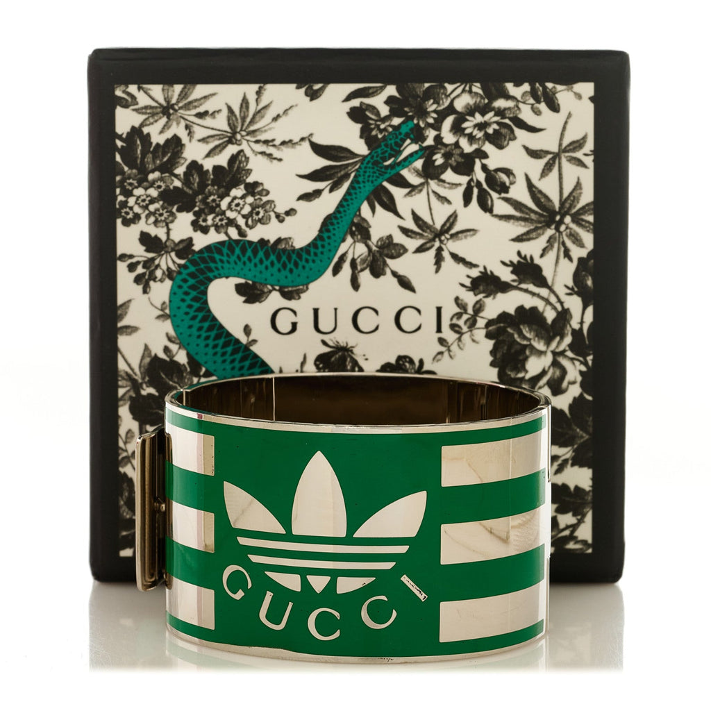 Gucci X ADIDAS Metal Enamel Cuff Bracelet S Silver Green