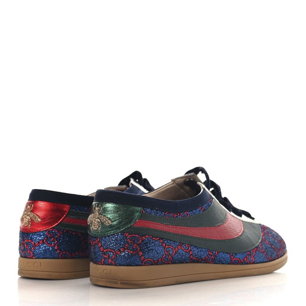 Gucci Lurex Calfskin Web GG Monogram Womens Falacer Sneakers 37 Iridescent Blue Iridescent Red Silver