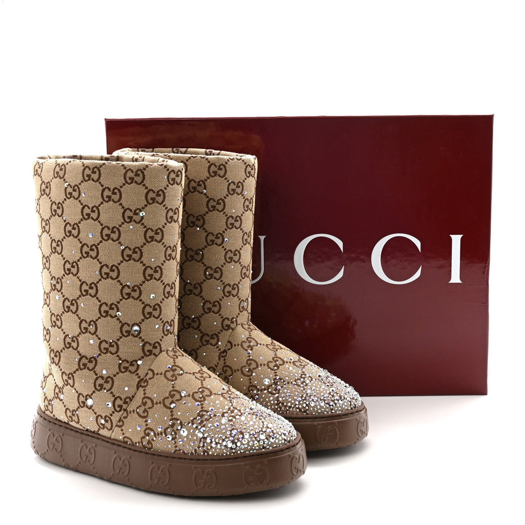 Gucci Monogram GG Strass Thermal Bootie 38.5 Camel Ebony