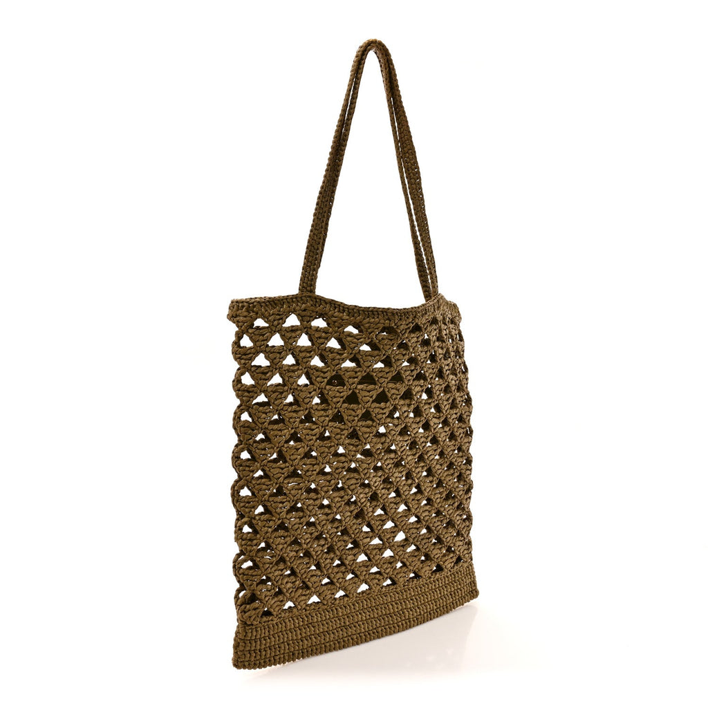 Prada Yarn Raffia Effect Embroidered Logo Tote Oliva