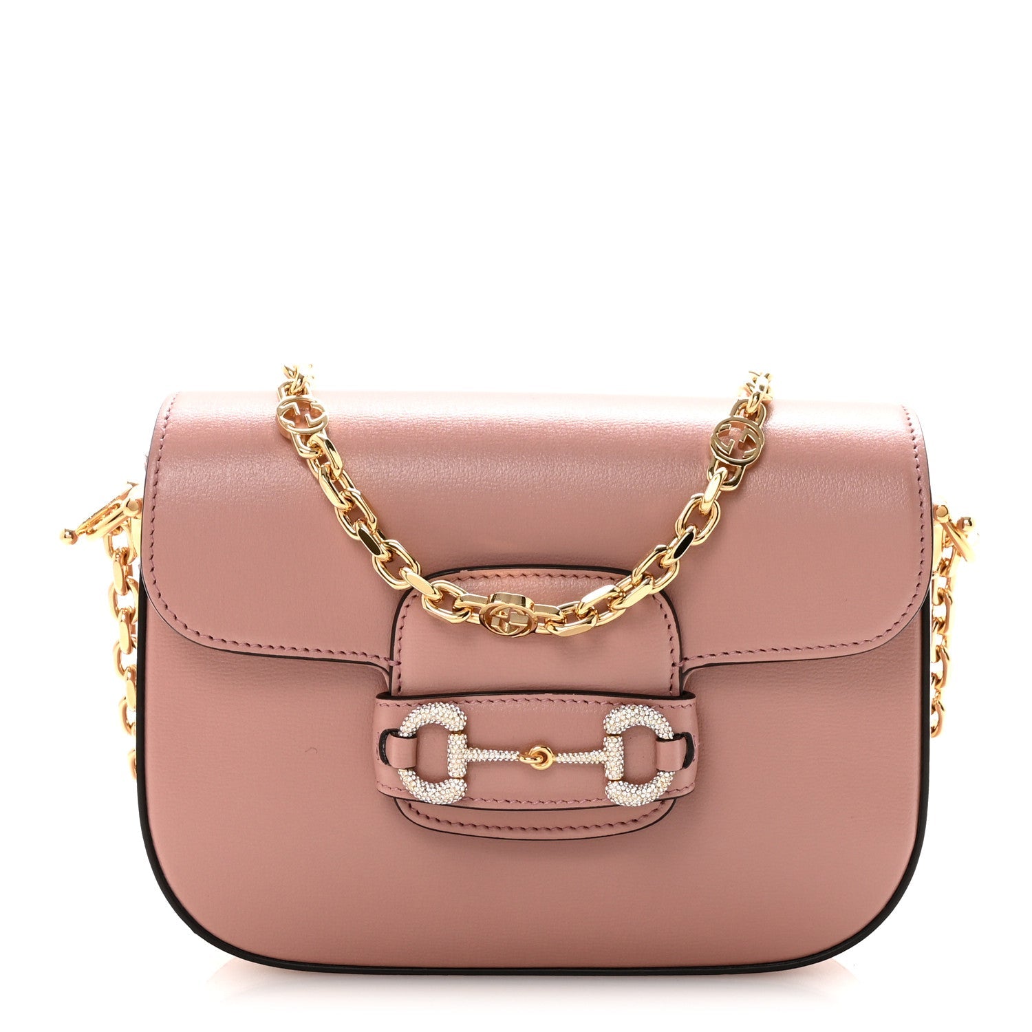 Gucci Azalea Calfskin Crystal GG Monogram Mini Horsebit 1955 Shoulder Bag Pink