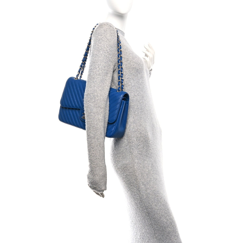 Chanel Caviar Chevron Quilted Jumbo Double Flap Blue