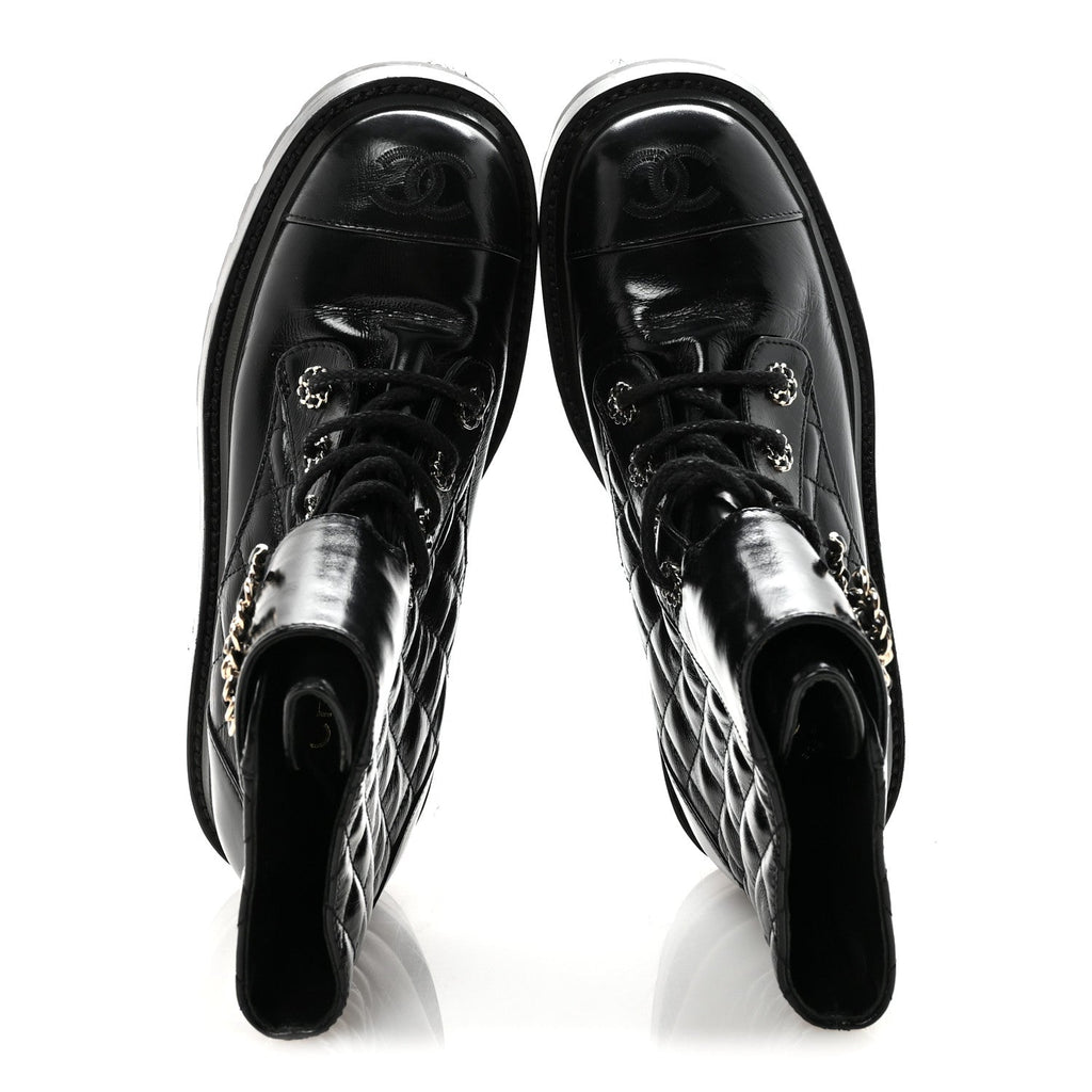 Chanel Shiny Calfskin Quilted Lace Up Combat Boots 37.5 Black