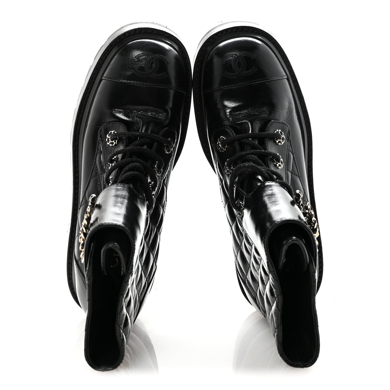 Chanel Shiny Calfskin Quilted Lace Up Combat Boots 37.5 Black