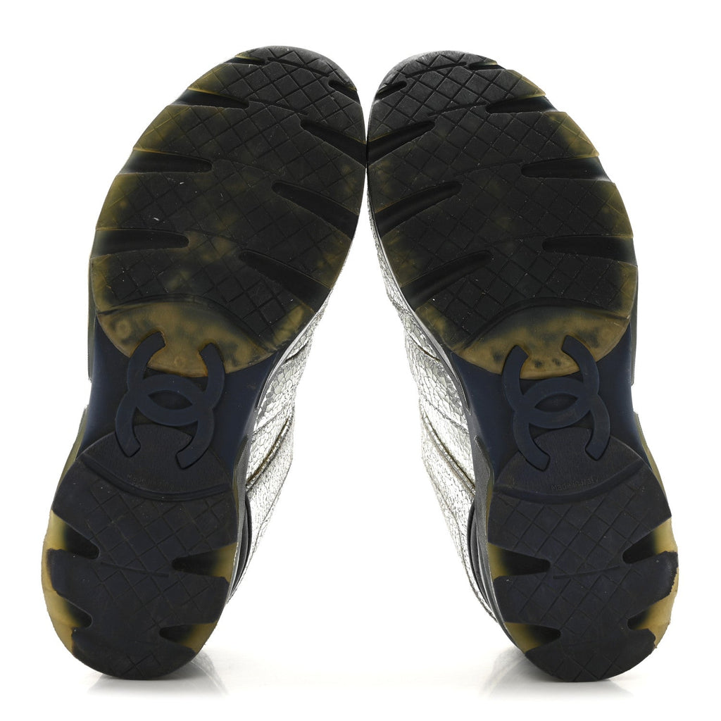 Metallic Crackled Calfskin CC Sneakers 36 Silver Black Navy