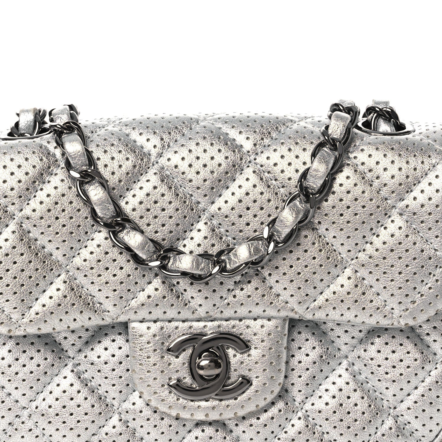 Chanel Metallic Lambskin Perforated Mini Rectangular Flap Silver