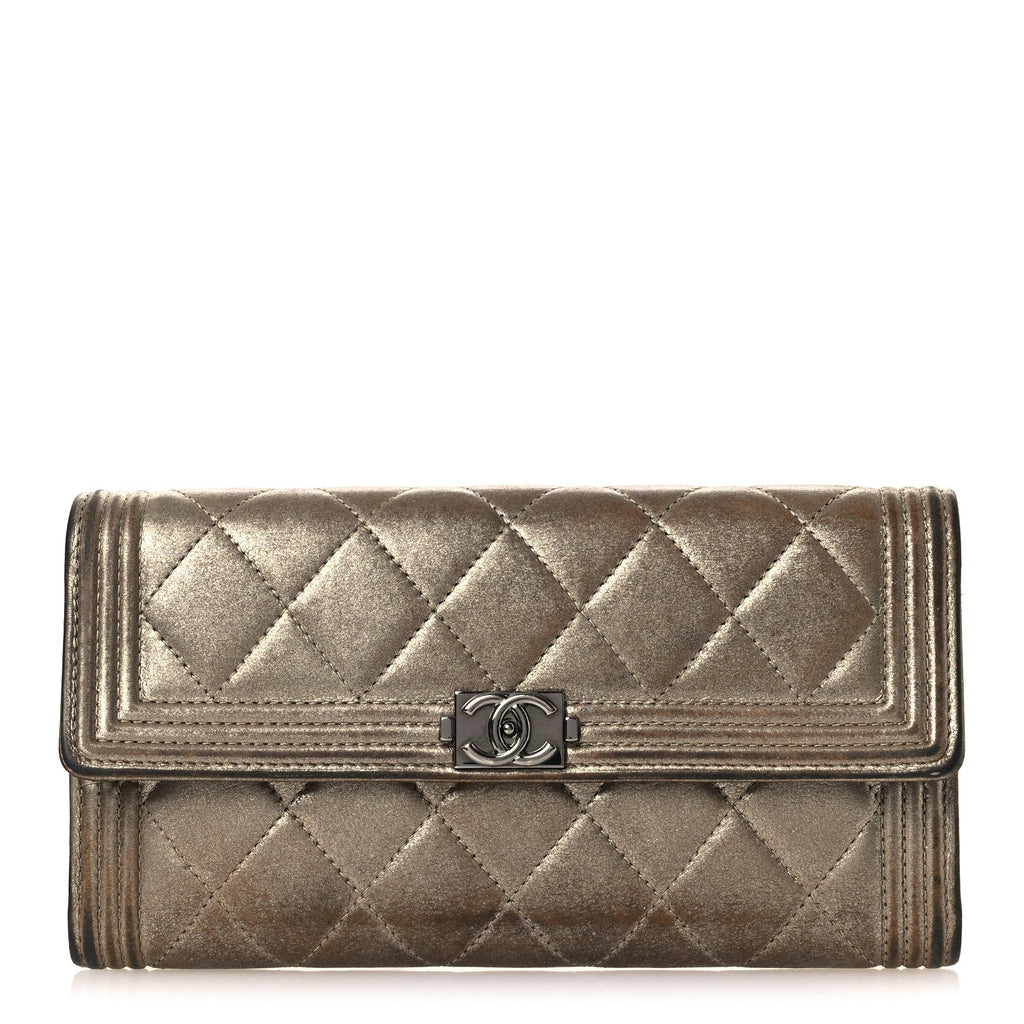 Iridescent Calfskin Quilted Boy Flap Wallet Dark Gold