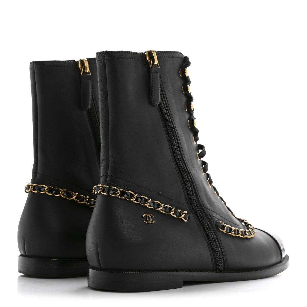 Calfskin Chain Lace Up Boots 36.5 Black