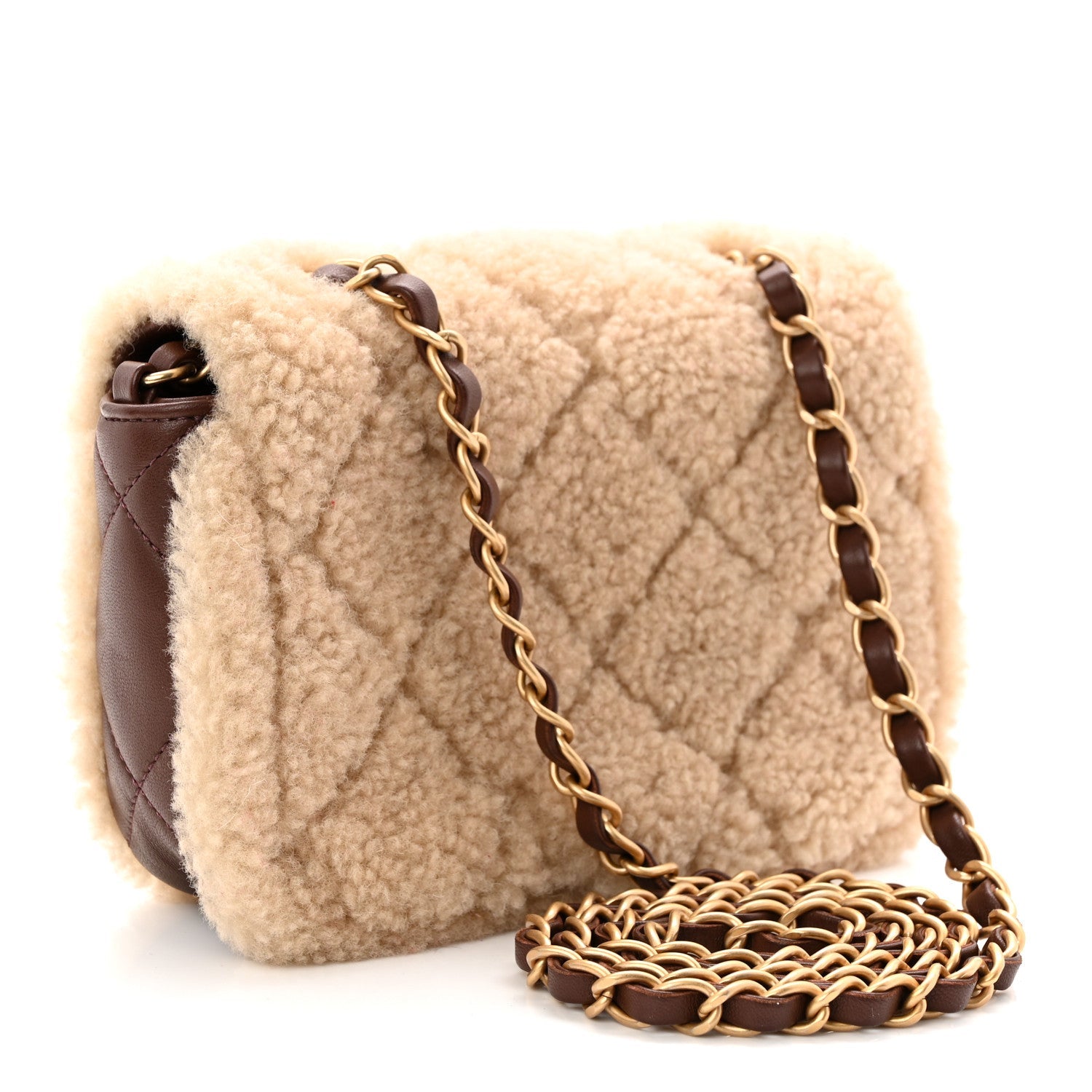 Chanel Shearling Lambskin Quilted Mini Furry Coco Flap Beige Dark Brown