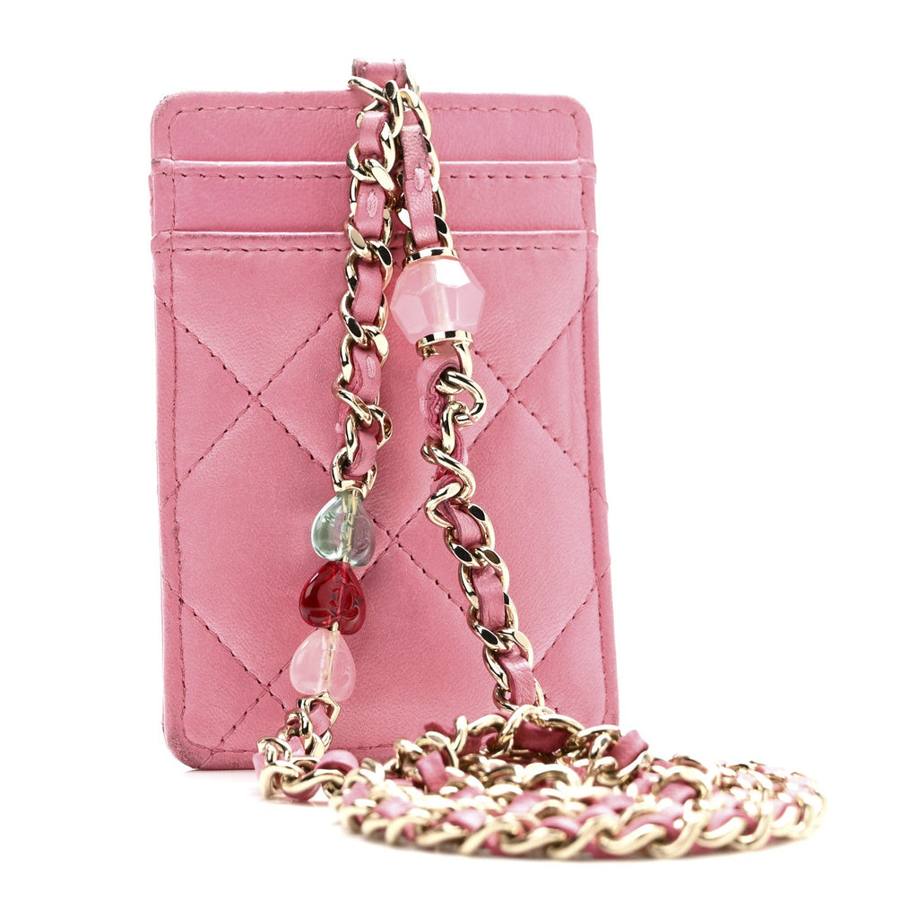 Lambskin Quilted Enamel Chanel Card Holder On Chain Pink