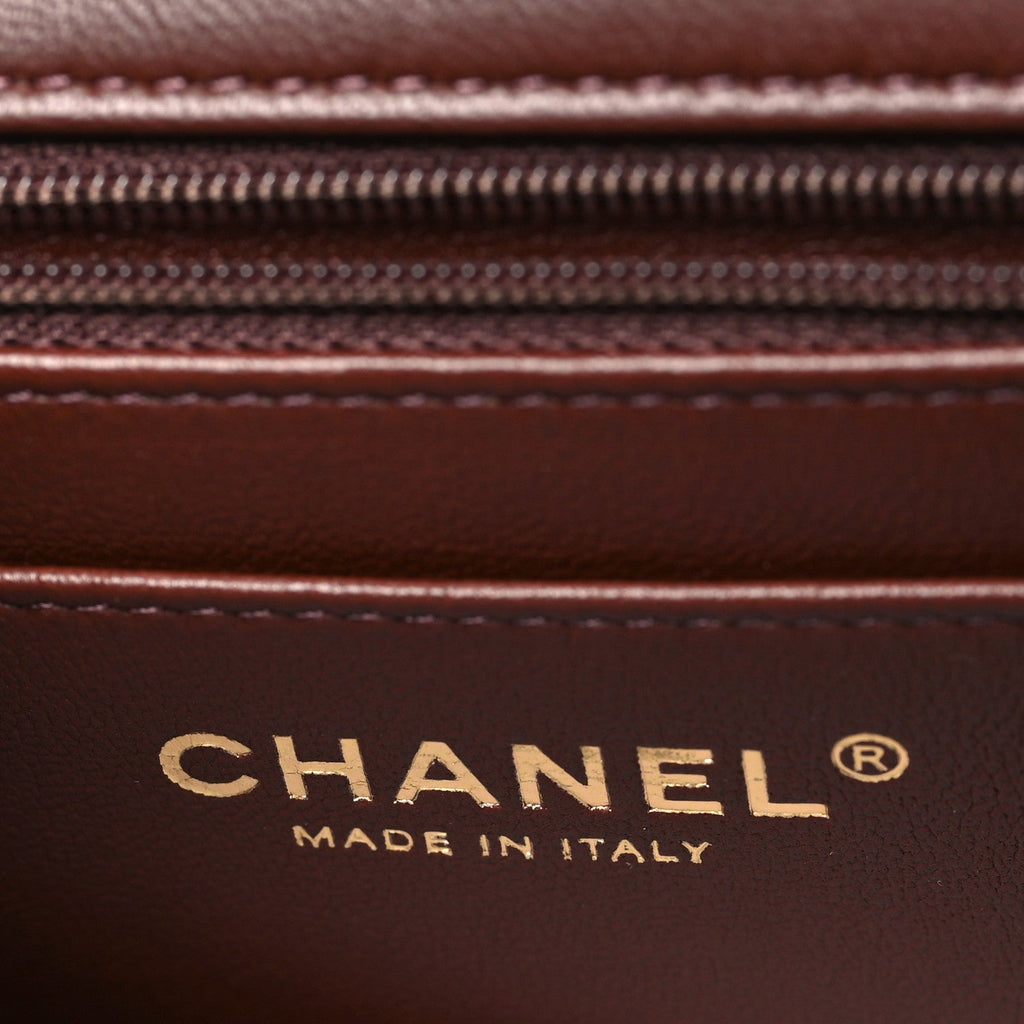 Chanel Lambskin Quilted Mini Top Handle Rectangular Flap Dark Brown