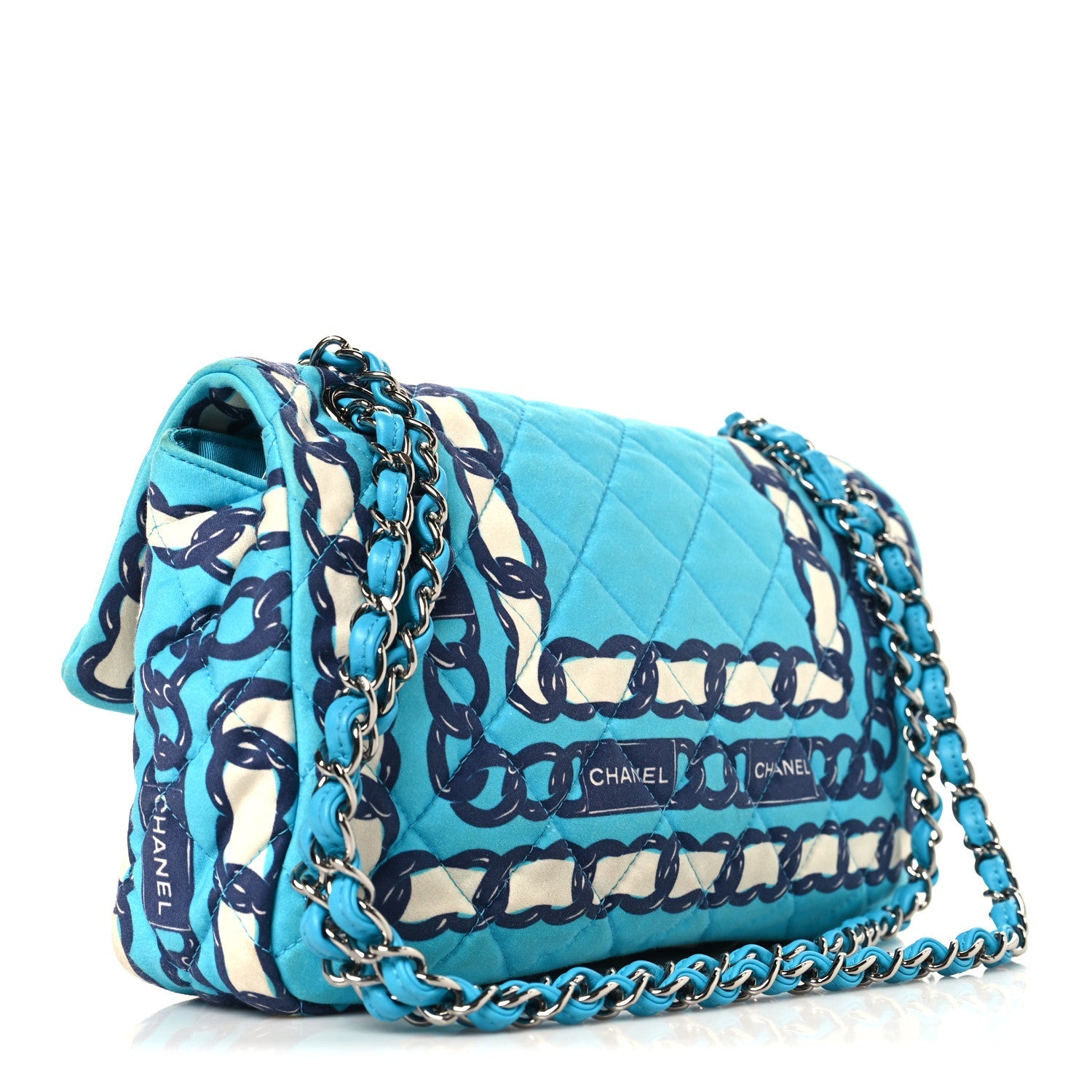 Chanel Silk Chain Printed Medium Single Flap Blue