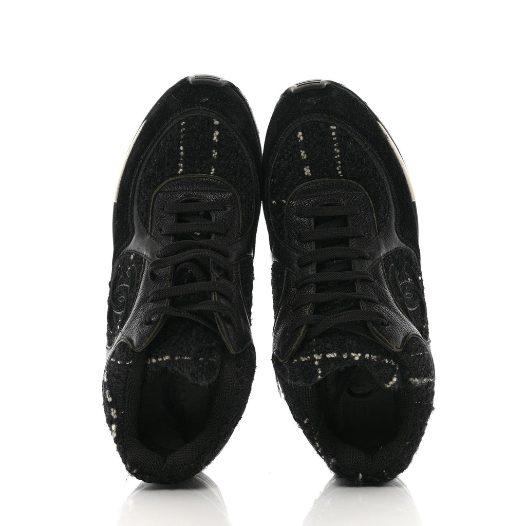 Chanel Tweed Suede Goatskin CC Sneakers 38 Black White