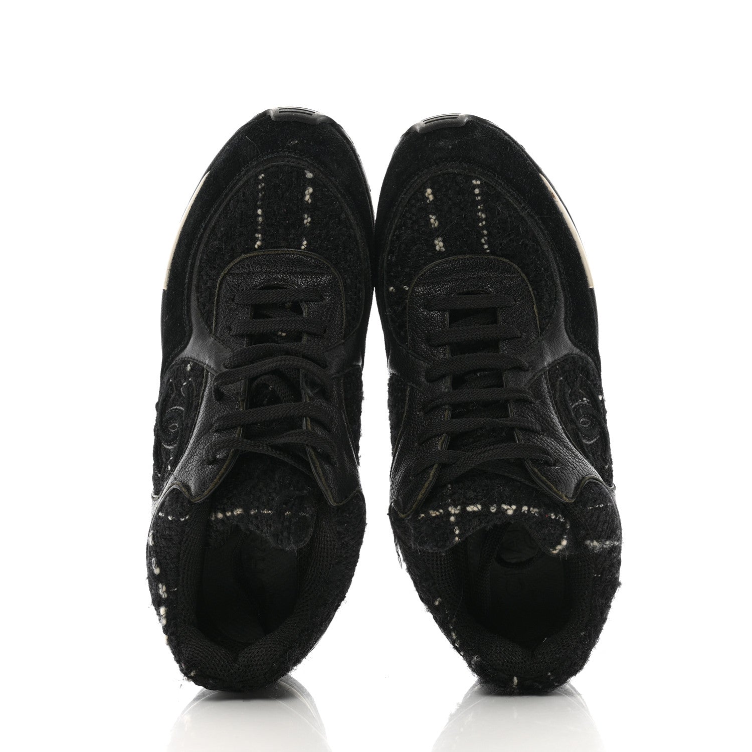 Chanel Tweed Suede Goatskin CC Sneakers 38 Black White