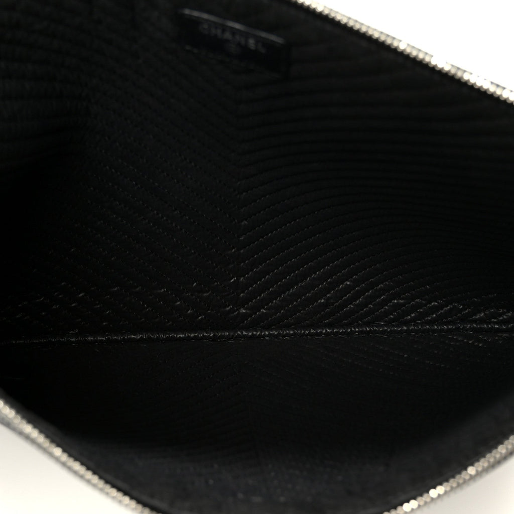 Lambskin Chevron Large Boy Zip Pouch Black