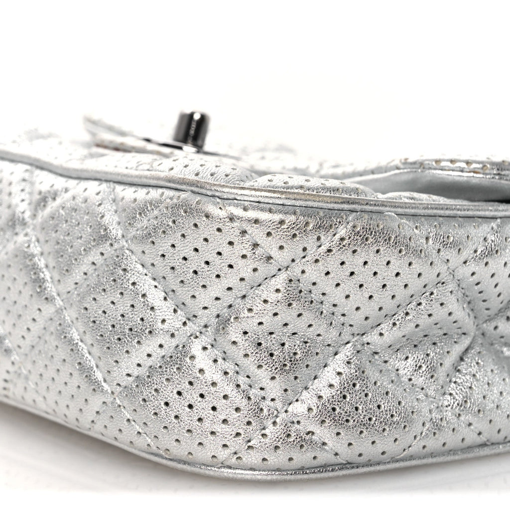 Chanel Metallic Lambskin Perforated Mini Rectangular Flap Silver