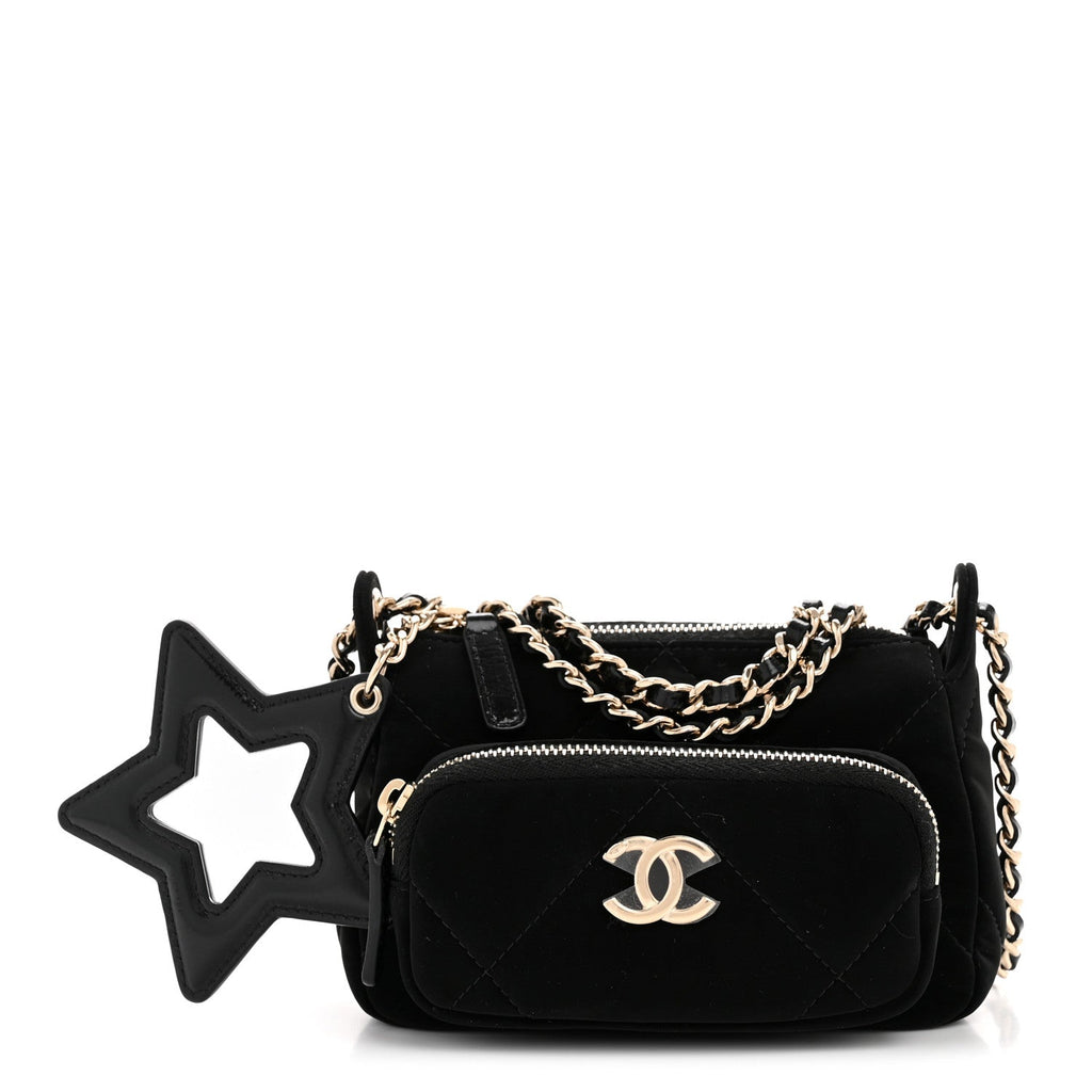 Chanel Velvet Effect Nylon Shiny Crumpled Calfskin Mini Quilted Chanel 25 Clutch With Chain Black
