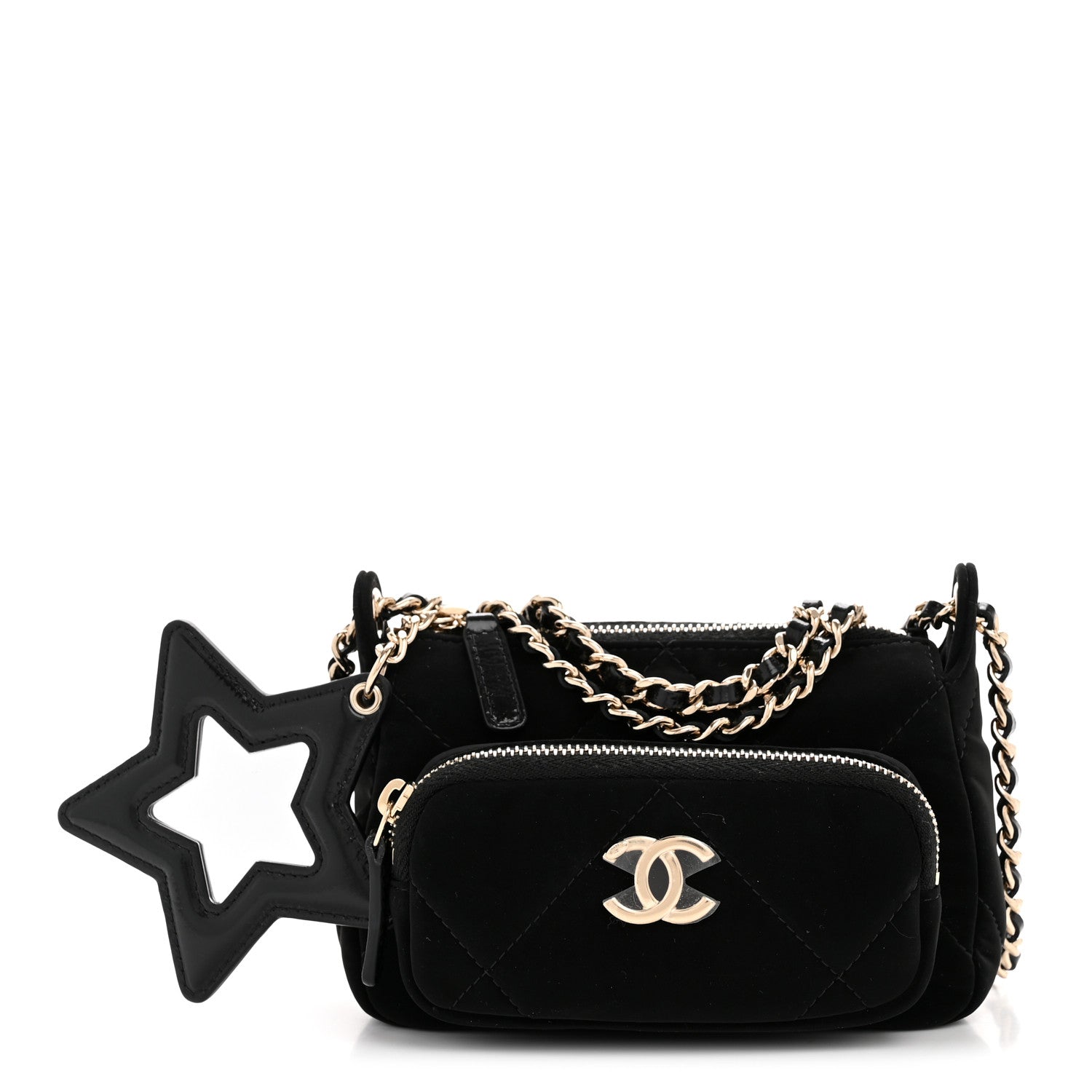 Chanel Velvet Effect Nylon Shiny Crumpled Calfskin Mini Quilted Chanel 25 Clutch With Chain Black