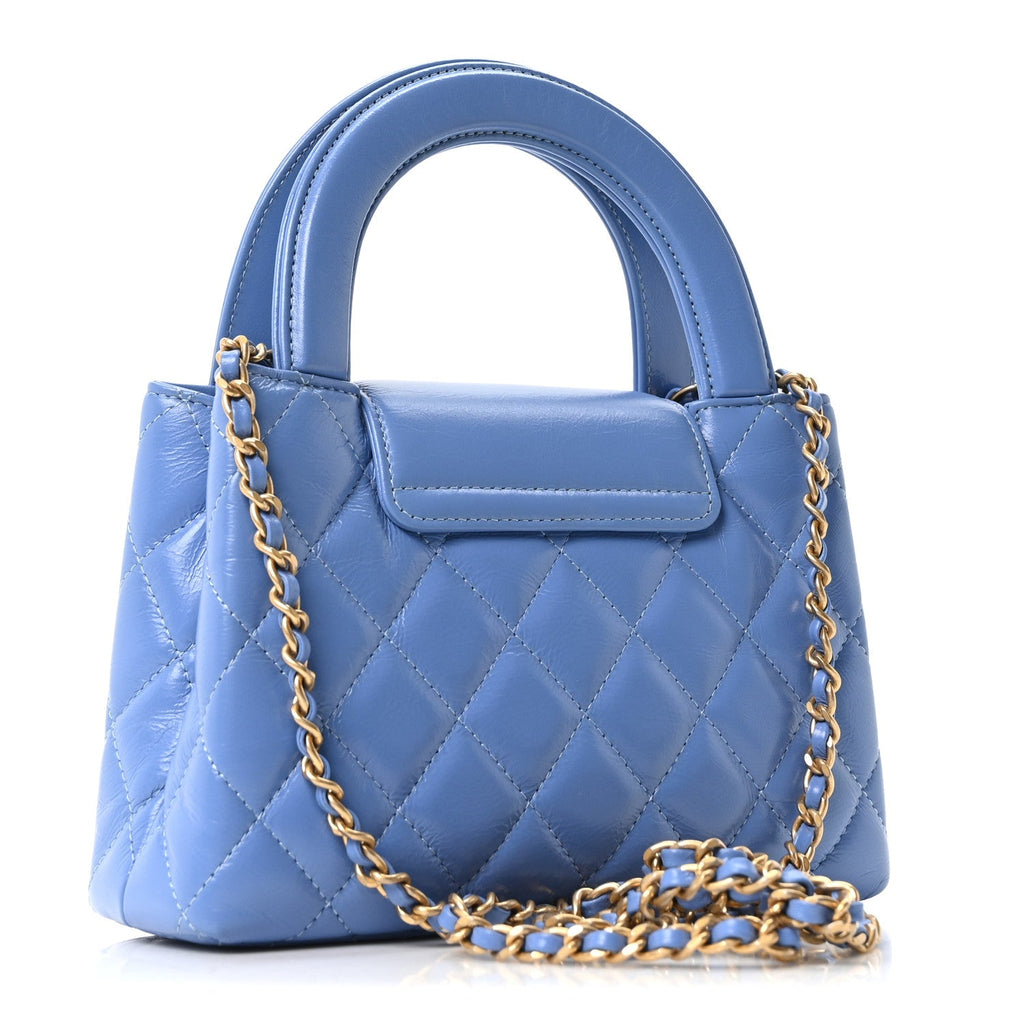Chanel Shiny Aged Calfskin Quilted Nano Kelly Shopper Blue