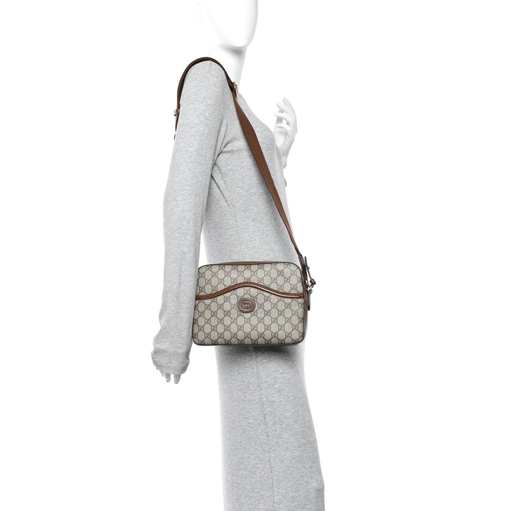 Gucci GG Supreme Monogram Azalea Calfskin Retro Interlocking G Messenger Shoulder Bag Beige Ebony Brown Sugar