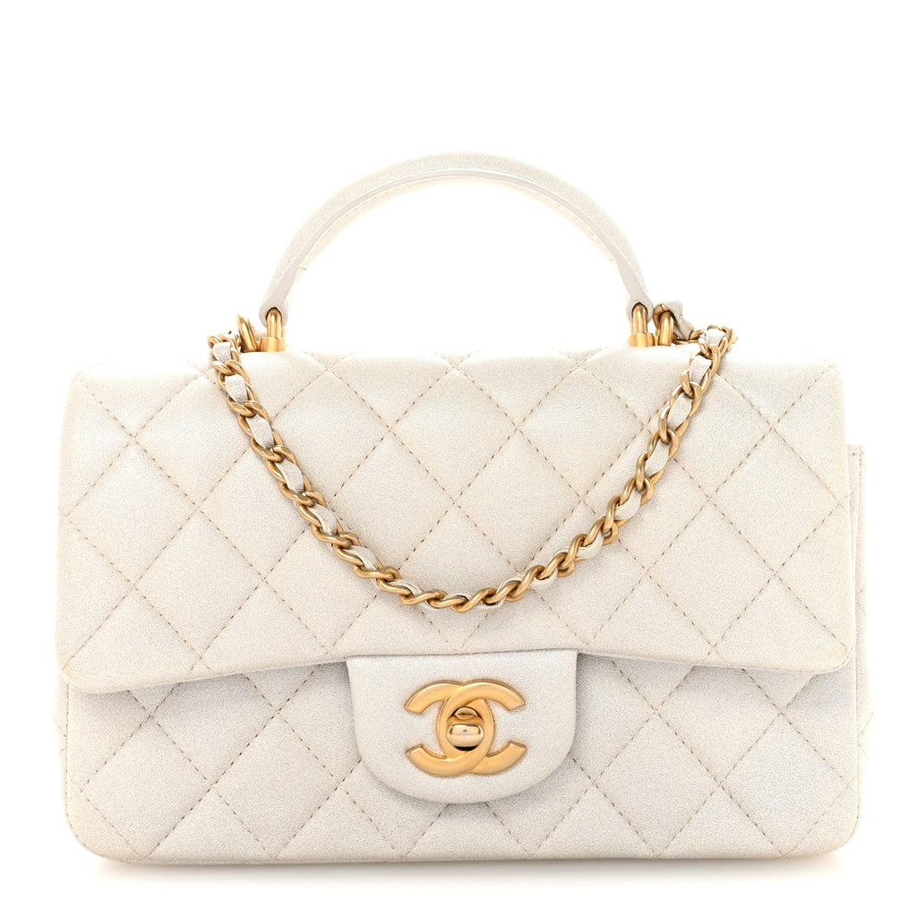 Chanel Iridescent Lambskin Quilted Mini Top Handle Rectangular Flap White