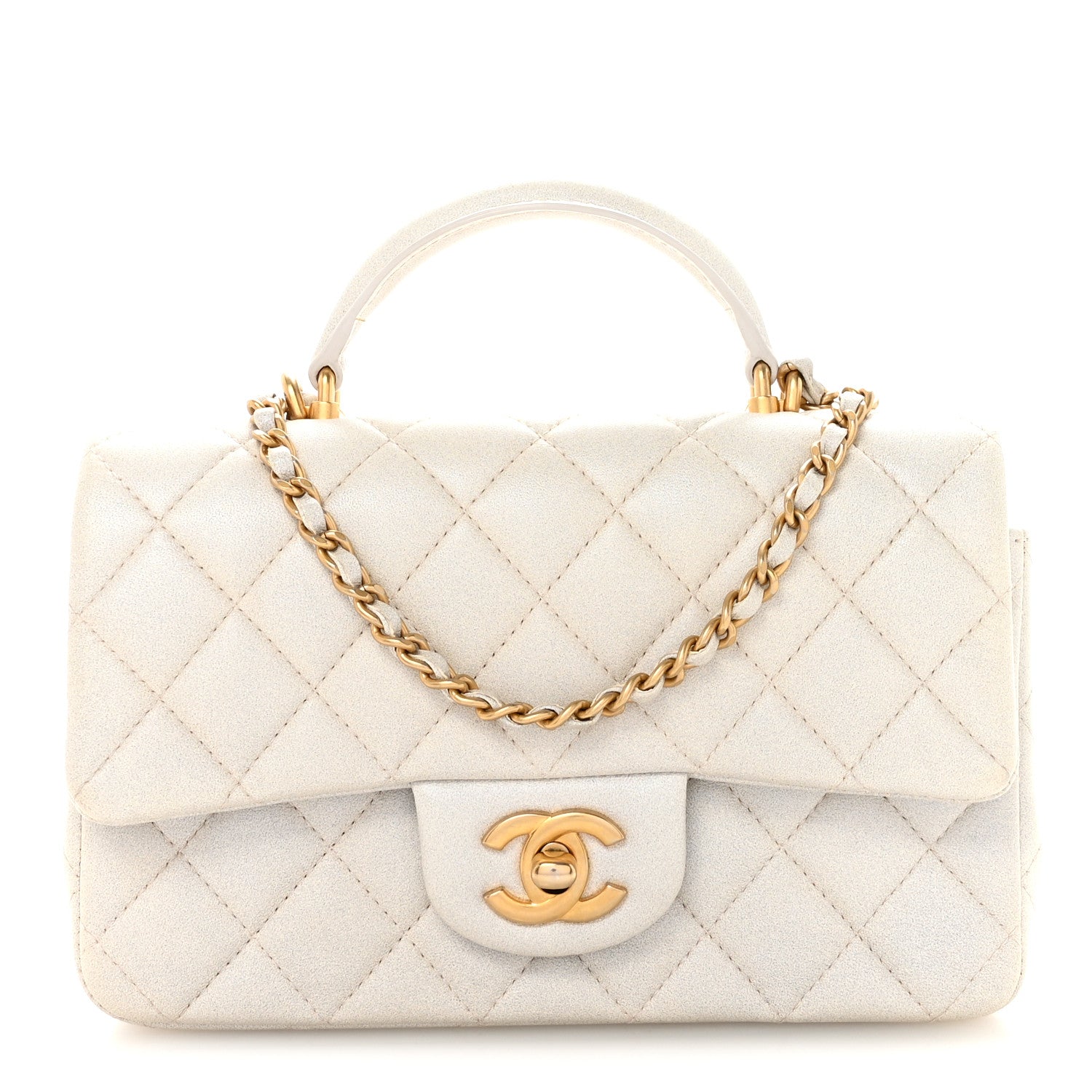 Chanel Iridescent Lambskin Quilted Mini Top Handle Rectangular Flap White
