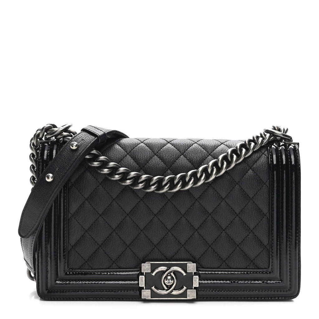 Chanel Goatskin Quilted Patent Medium Duo Boy Flap Dark Blue