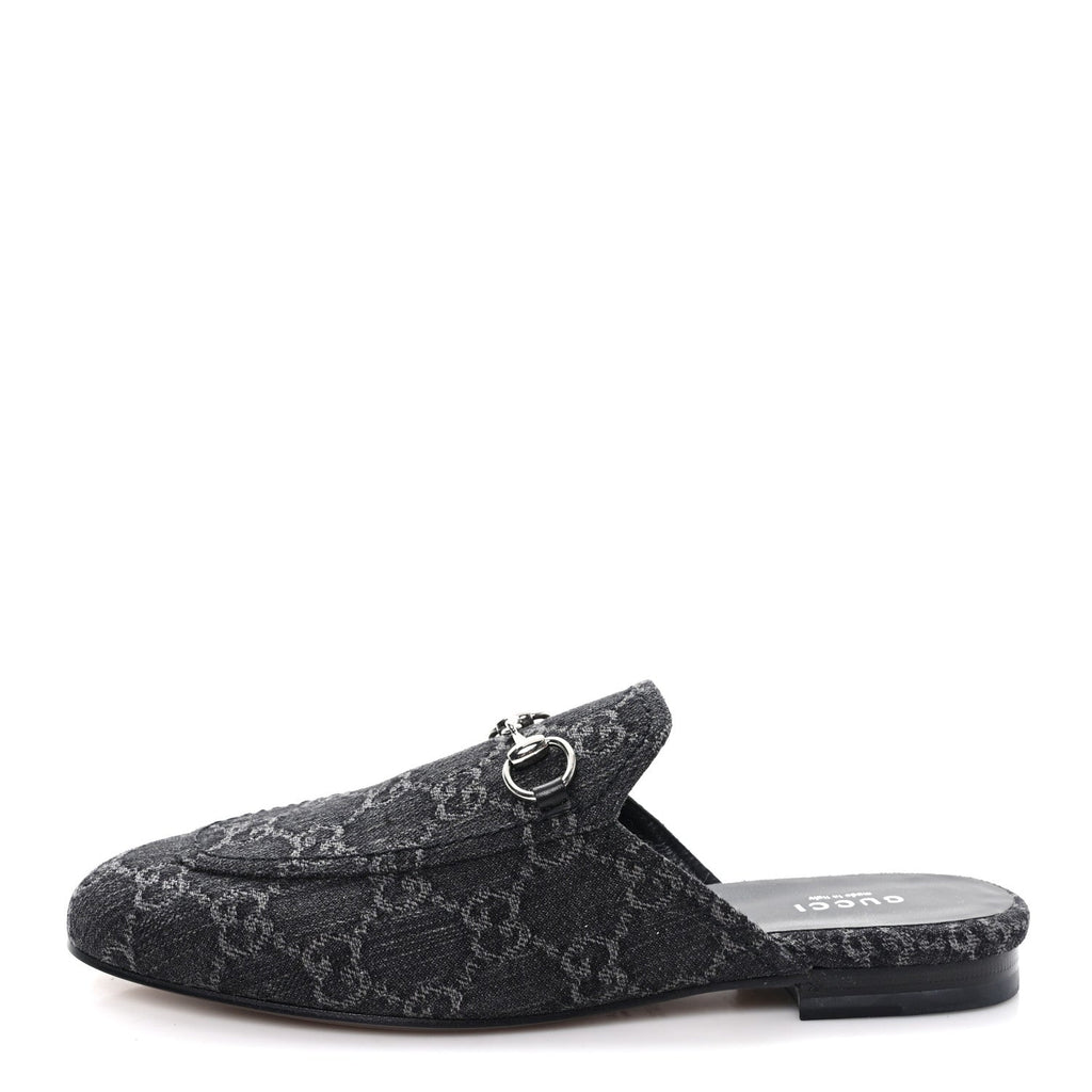 Gucci New Denim GG Malaga Kid Womens Princetown Slippers 37.5 Grey Black