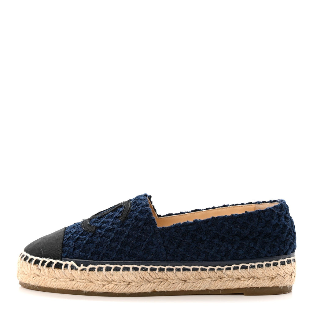 Chanel Tweed Grosgrain CC Espadrilles 37 Navy Black