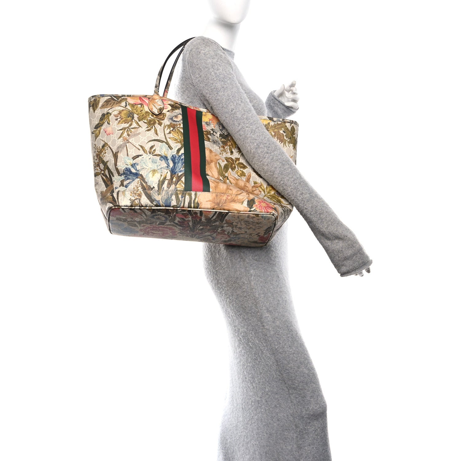 Gucci GG Supreme Monogram Water Flora Web Large Ophidia Tote Beige White Multicolor