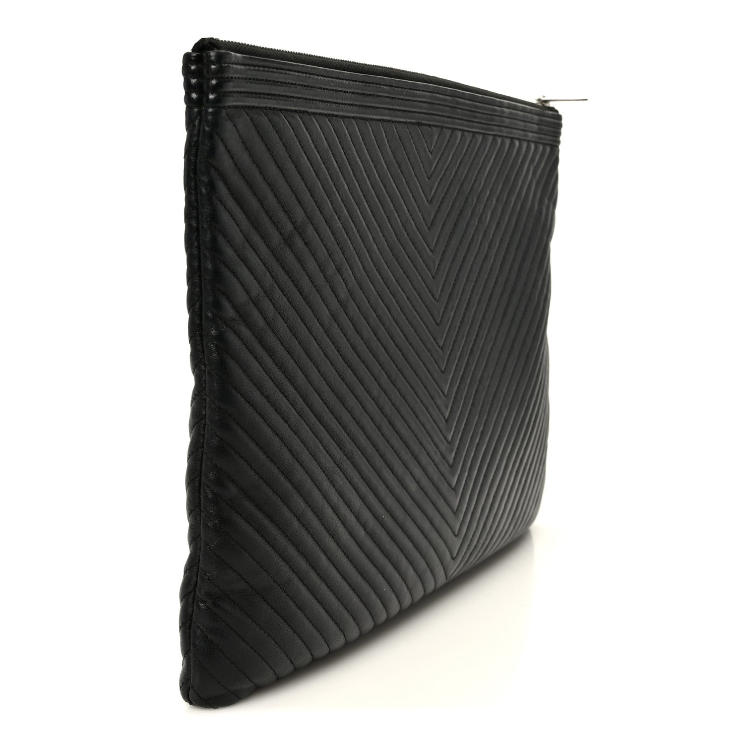 Lambskin Chevron Large Boy Zip Pouch Black