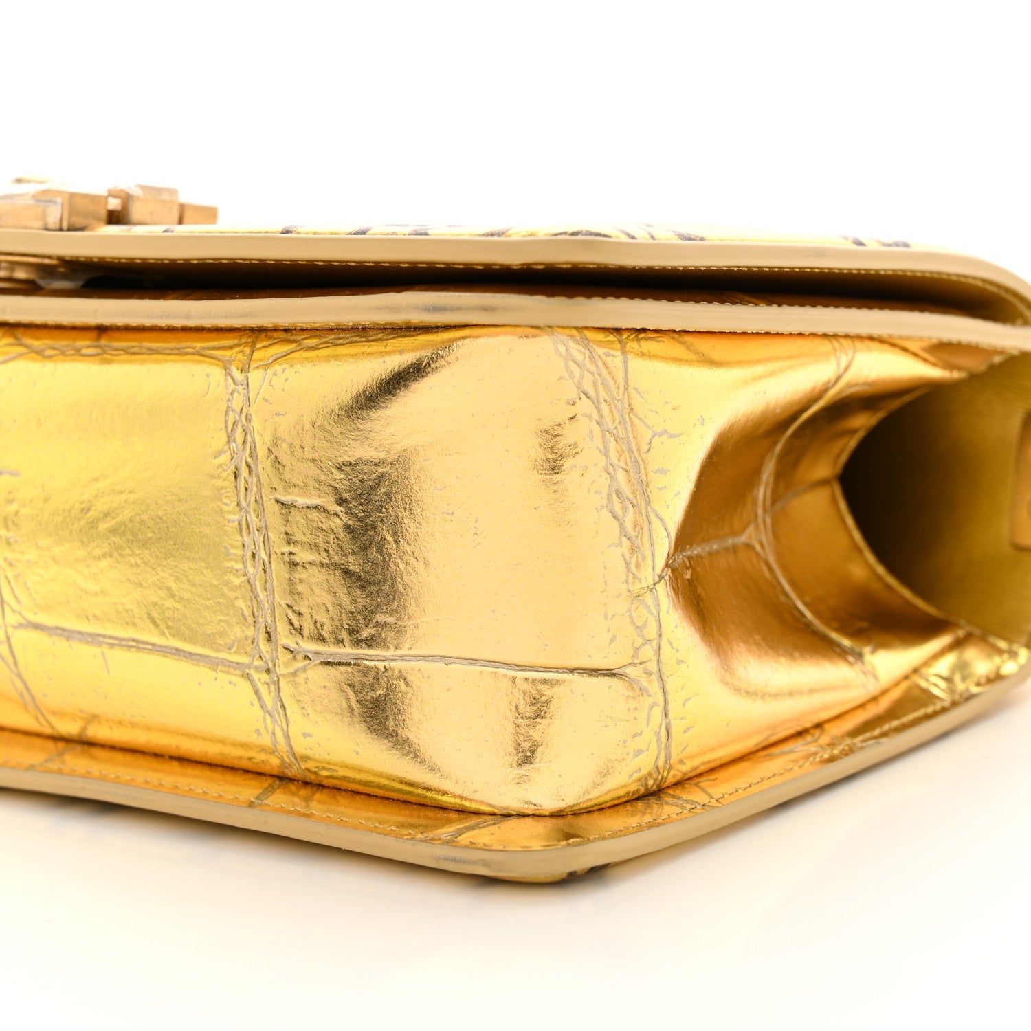 Chanel Metallic Calfskin Crocodile Embossed Graffiti Medium Cocodile Boy Flap Gold