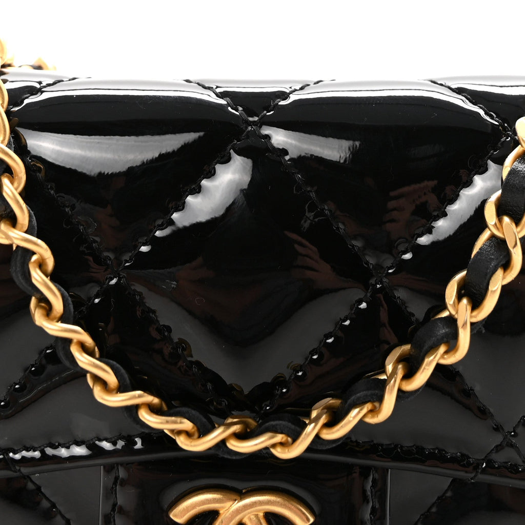 Chanel Patent Enamel Quilted Coco Hearts Clutch With Chain Black