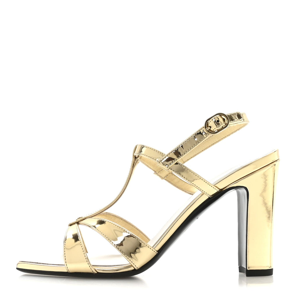 Laminated Calfskin Block Heel Sandals 39 Gold