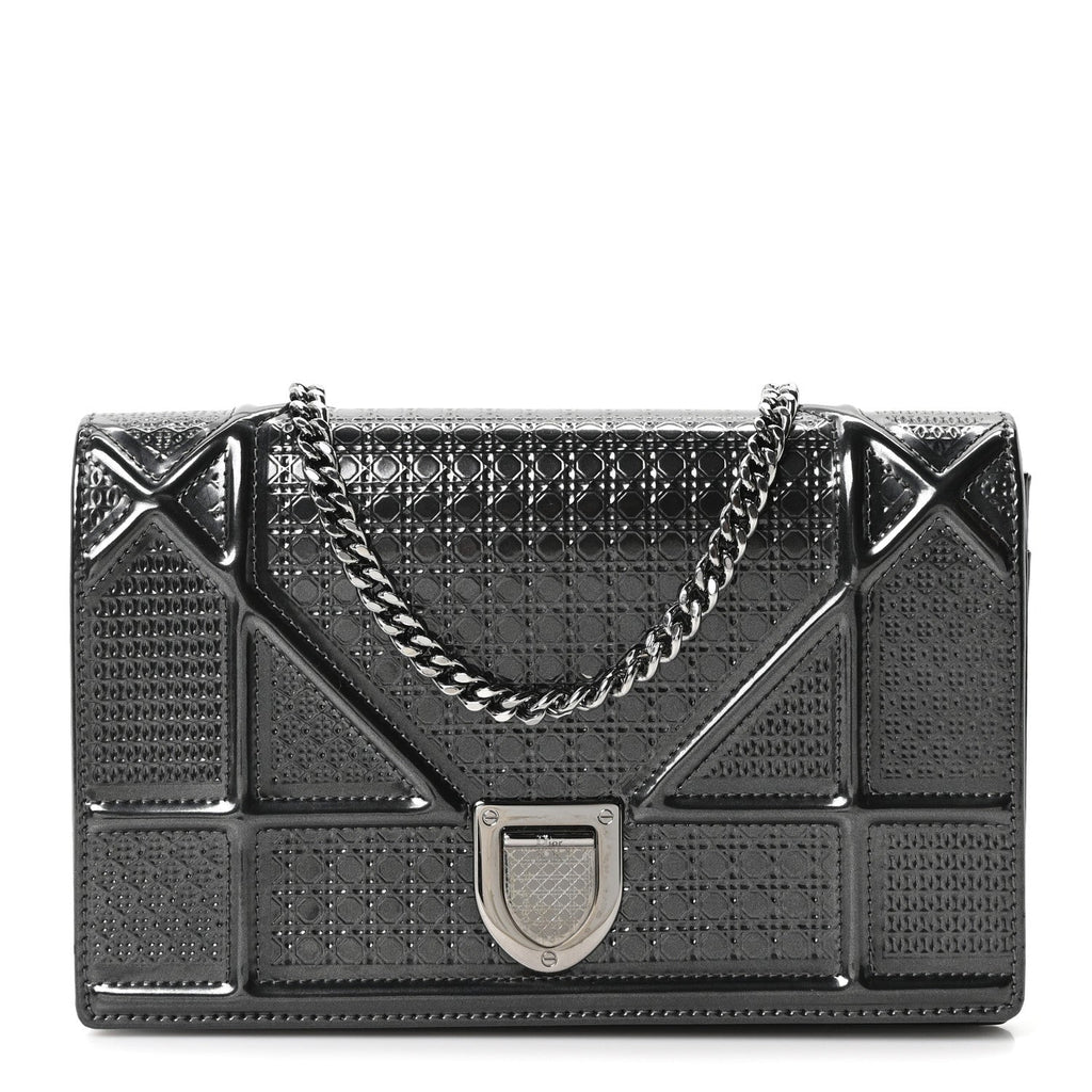 Christian Dior Metallic Patent Micro-Cannage Diorama Wallet on Chain Pouch Onyx Black